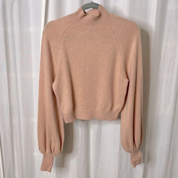 BCBGMAXAZRIA Merino Wool Mock  Neck Balloon Sleeve Crop Sweater, Size M - Picture 2 of 8